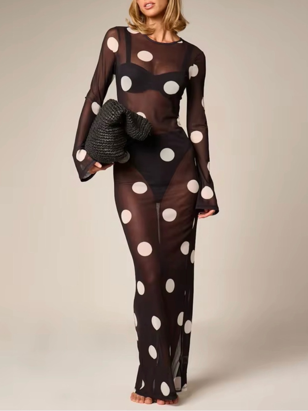Black Sheer Polka Dot Maxi Dress with White Dots